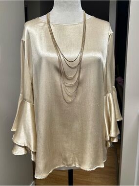 Champagne Satin Tiered Ruffle-Sleeve Blouse 10